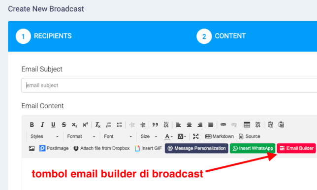 tombol email builder pada broadcast