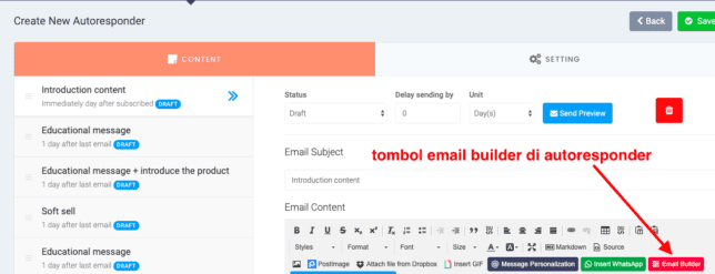 tombol email builder pada autoresponder