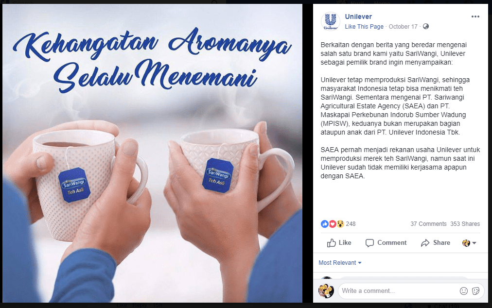 Klarifikasi unilever selaku pemilik brand SariWangi